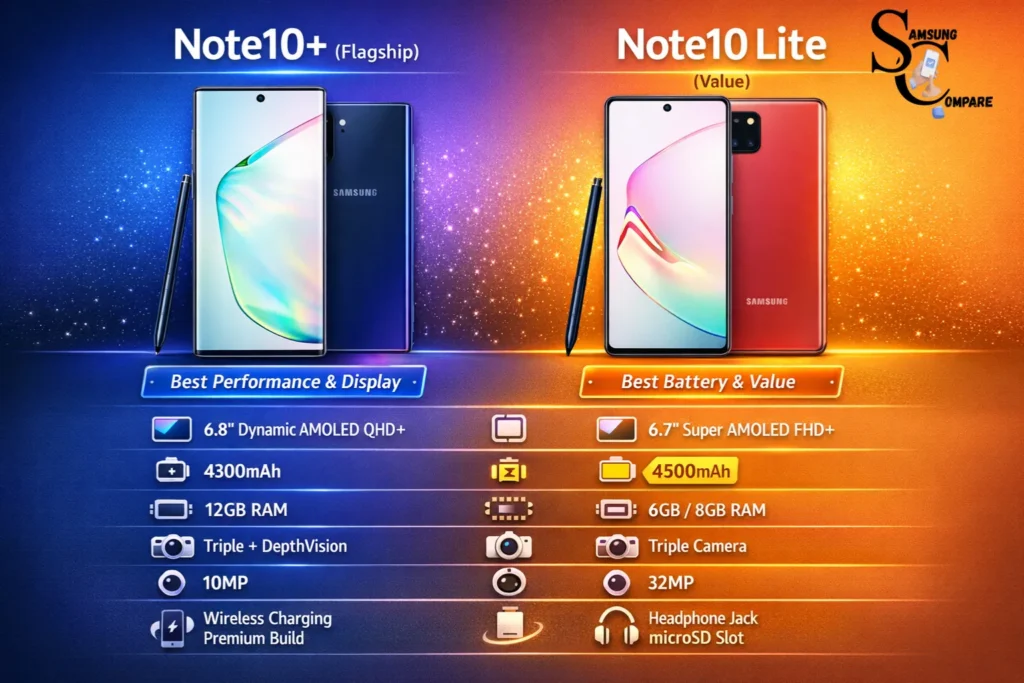 Samsung Galaxy Note10 Plus vs Galaxy Note10 Lite infographic showing differences in display, battery, performance, camera, and features in 2026