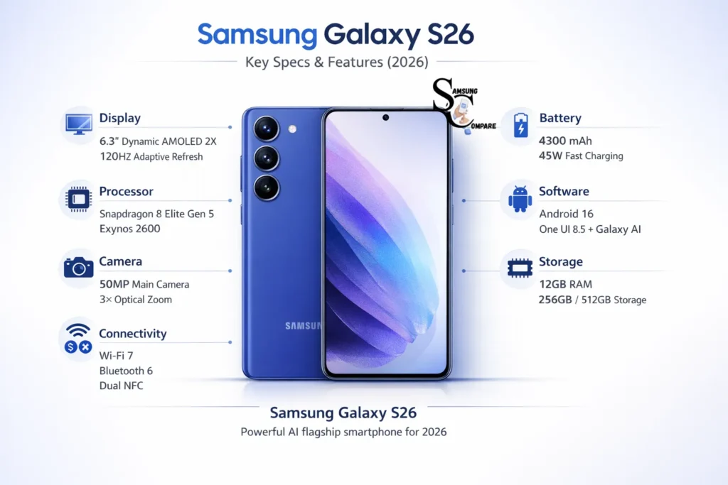 Samsung Galaxy S26 infographic showing key specs including 6.3-inch AMOLED display, 50MP camera, Snapdragon 8 Elite Gen 5 processor, 4300mAh battery, and Galaxy AI features.