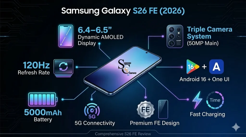 Infographic showing key specs of the Samsung Galaxy S26 FE, including 120Hz AMOLED display, triple camera system, 5000mAh battery, and Android 16 performance features.