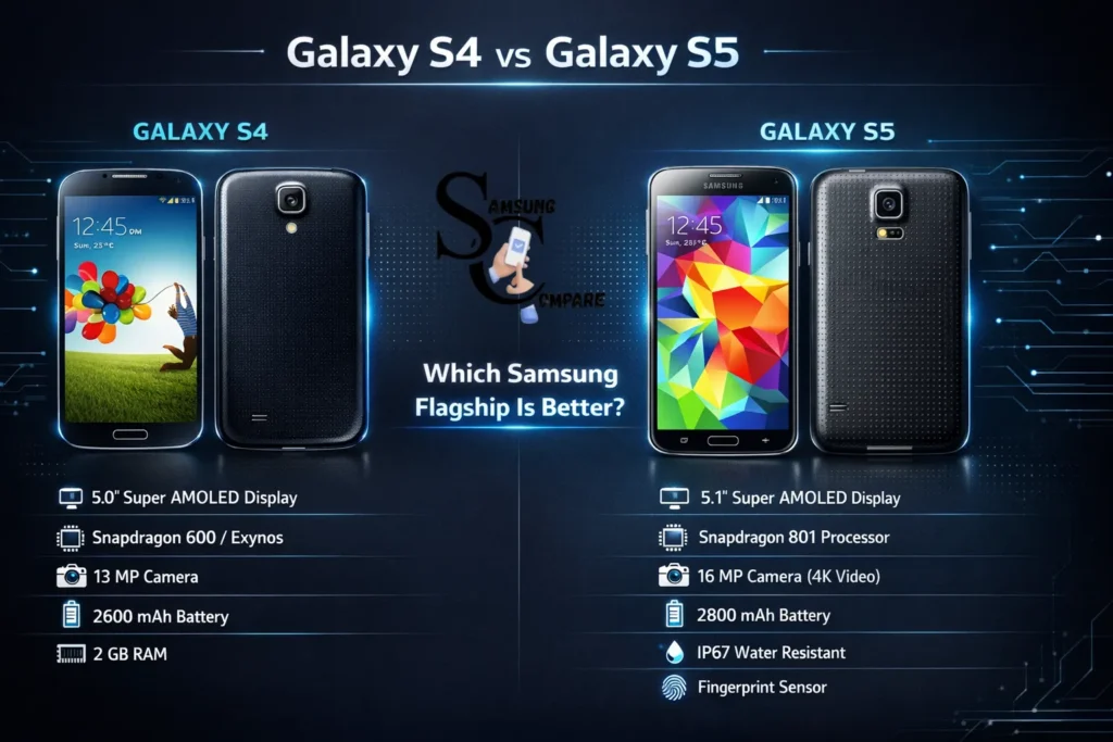Samsung Galaxy S4 vs Samsung Galaxy S5 infographic comparing display, camera, battery, processor, and features side by side
