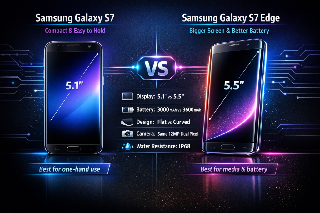 Comparison infographic of Samsung Galaxy S7 vs Samsung Galaxy S7 Edge showing display size, battery life, curved vs flat design, and key features in 2026